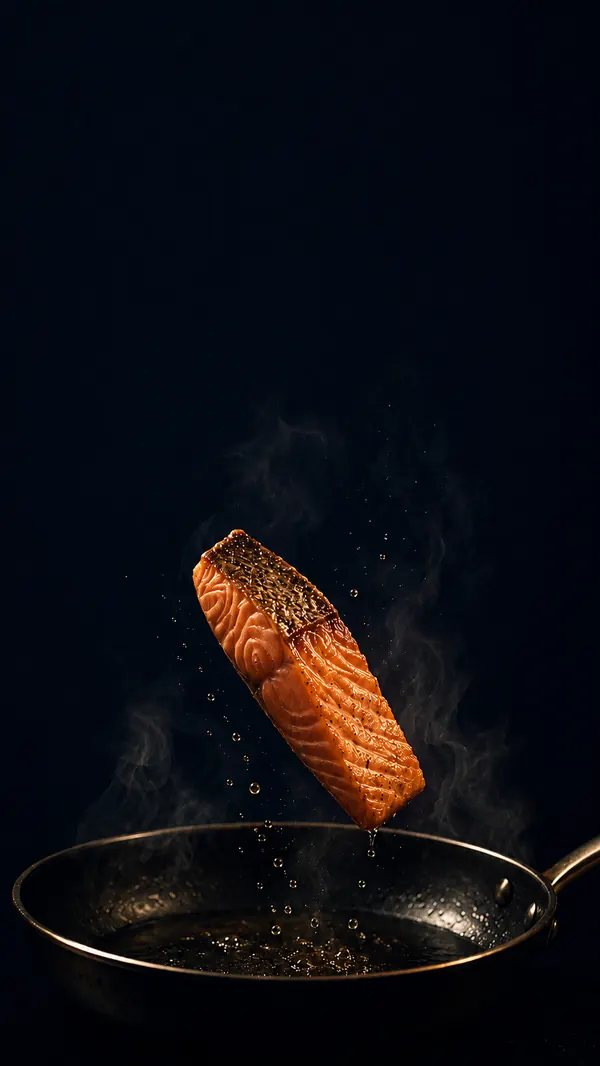 Story marée: salmão selado saltando da frigideira